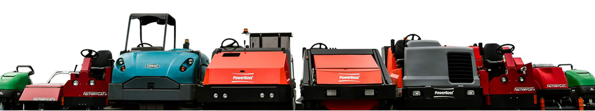 Rider and walk-behind floor scrubbers and sweepers lined up in a row