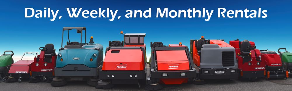 Tennant floor scrubbers and sweepers with text fully stocked and ready to rock worry free rentals for any application