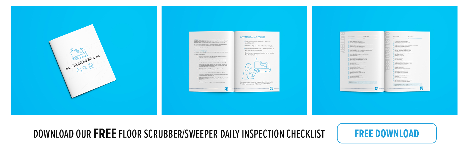 Daily Inspection Checklist for Floor Scrubber or Floor Sweeper, including Tennant, Factory Cat, Powerboss, Advance, and more.