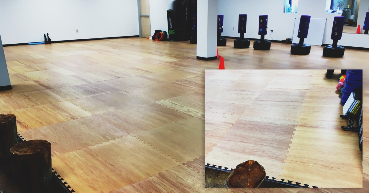 kickboxing gym with foam martial arts mats and a smaller picture showing the mats after cleaning