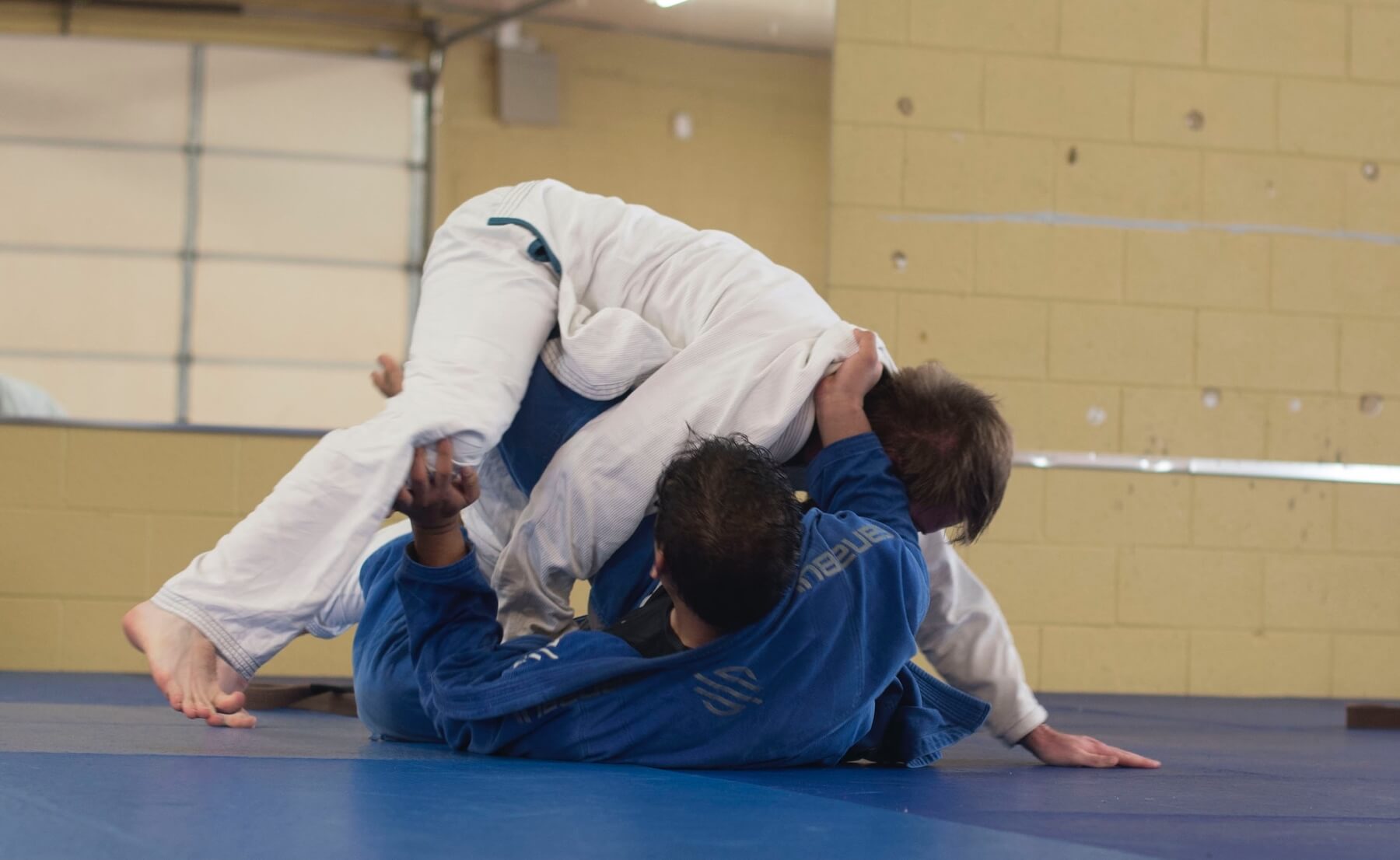 grapplers on blue martial arts mat