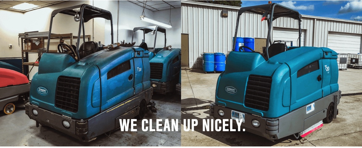 side by side comparison of refurbished tennant floor sweeper with text we clean up nicely