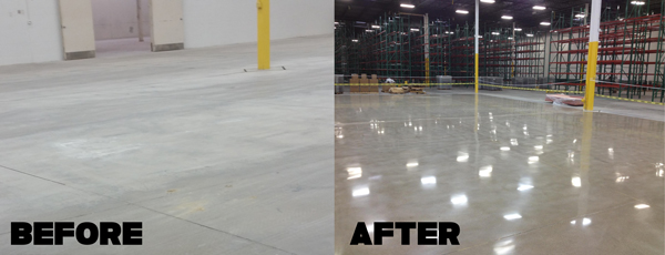 before and after showing concrete floor resurfacing and polishing