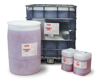 Large drums and two smaller bottles of Formula Plus concentrated industrial floor degreaser