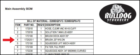 snapshot of a Bulldog parts manual with a list of products in a table