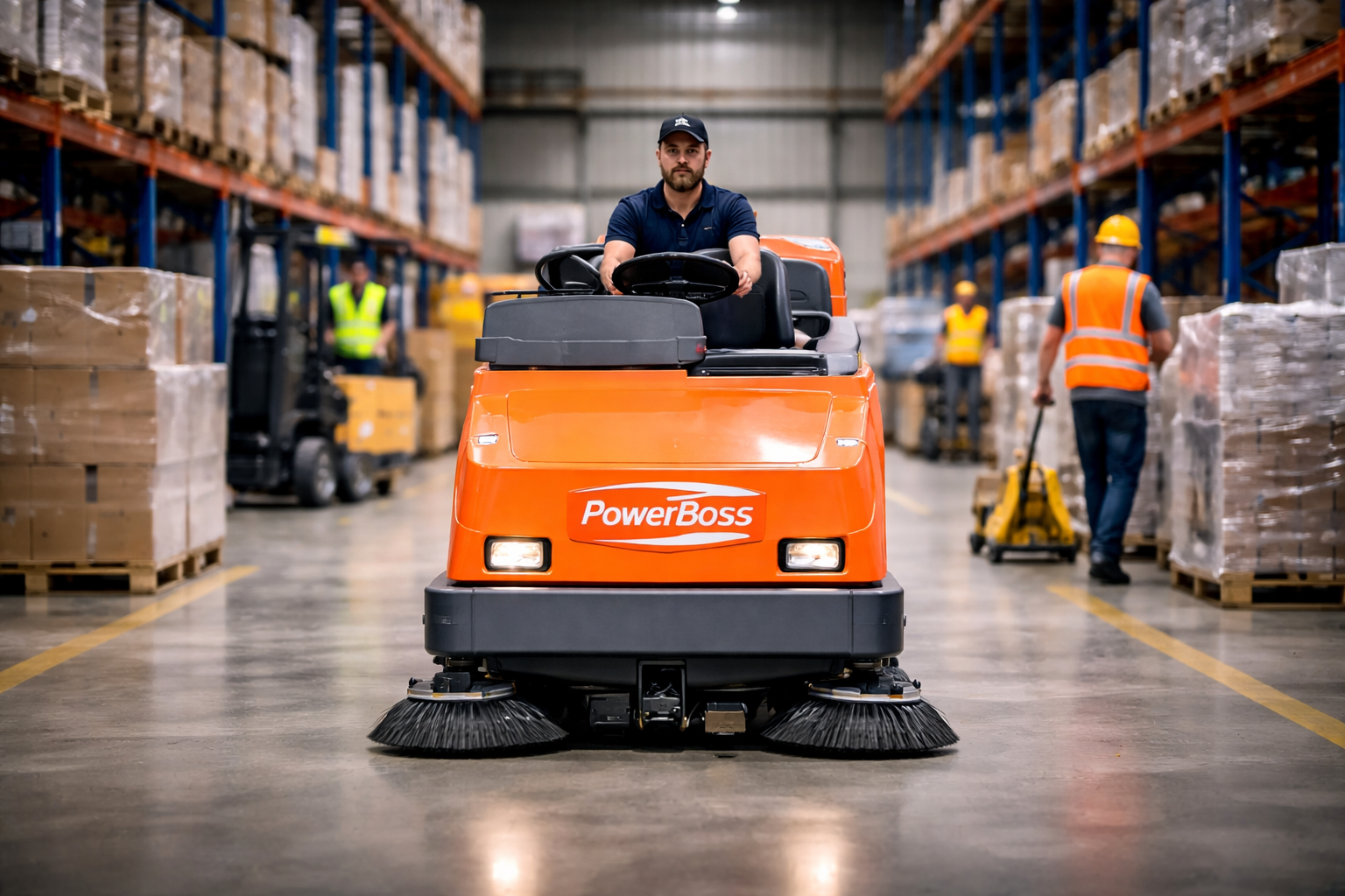 Busy warehouse with PowerBoss industrial floor sweeper driving between racks