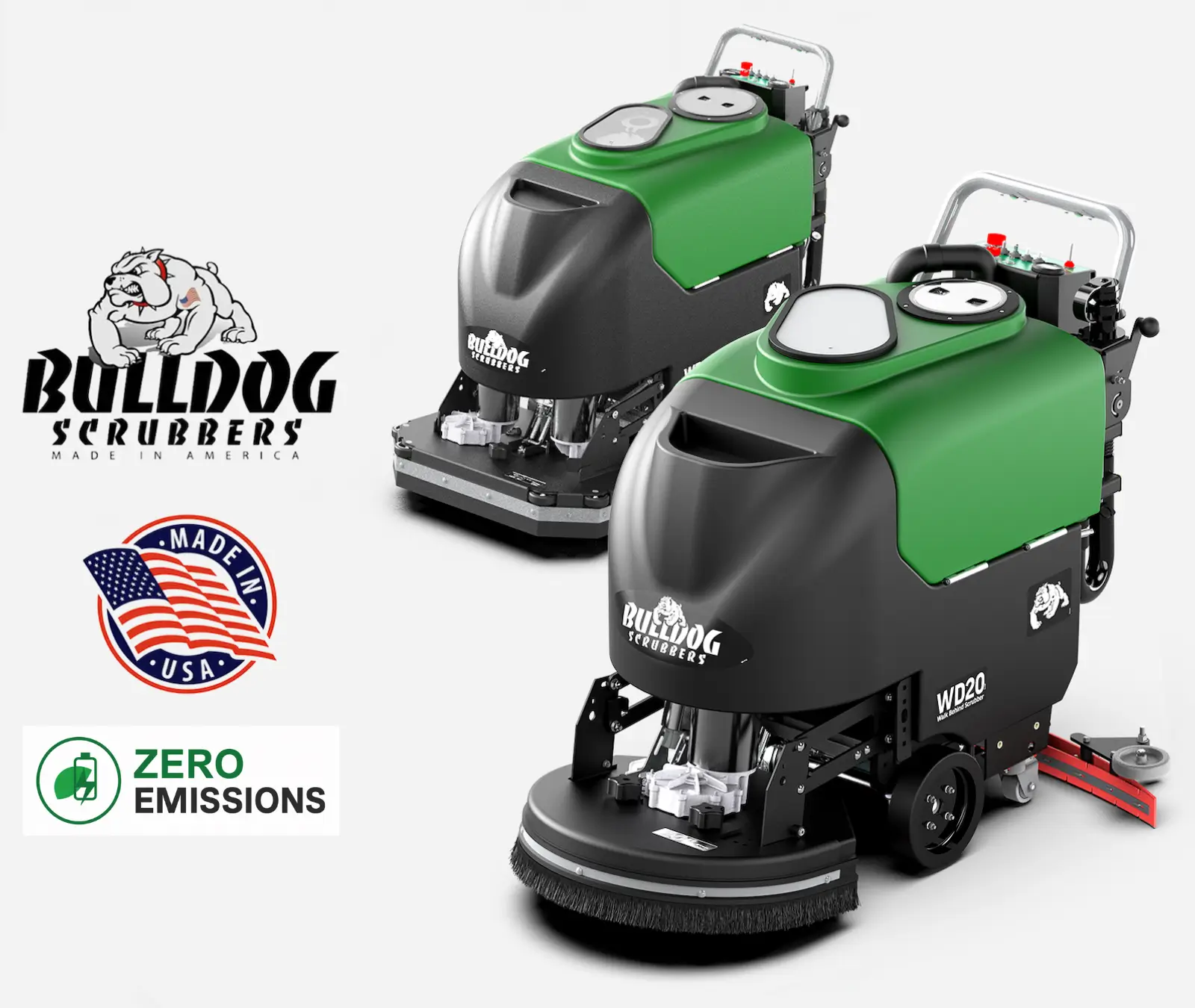 Bulldog scrubbers WD20 and WD26 walk behind scrubbers made in america zero emissions