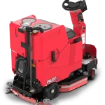 Back side of FactoryCat Pilot v3 red ride on floor scrubber