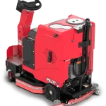 Back side of FactoryCat Pilot v3 red ride on floor scrubber