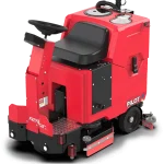 Front of FactoryCat Pilot v3 red ride on floor scrubber