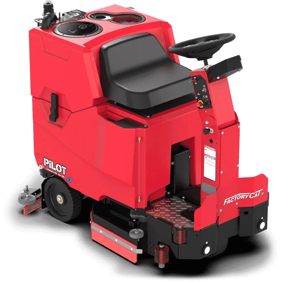 Front of FactoryCat Pilot v3 red ride on floor scrubber