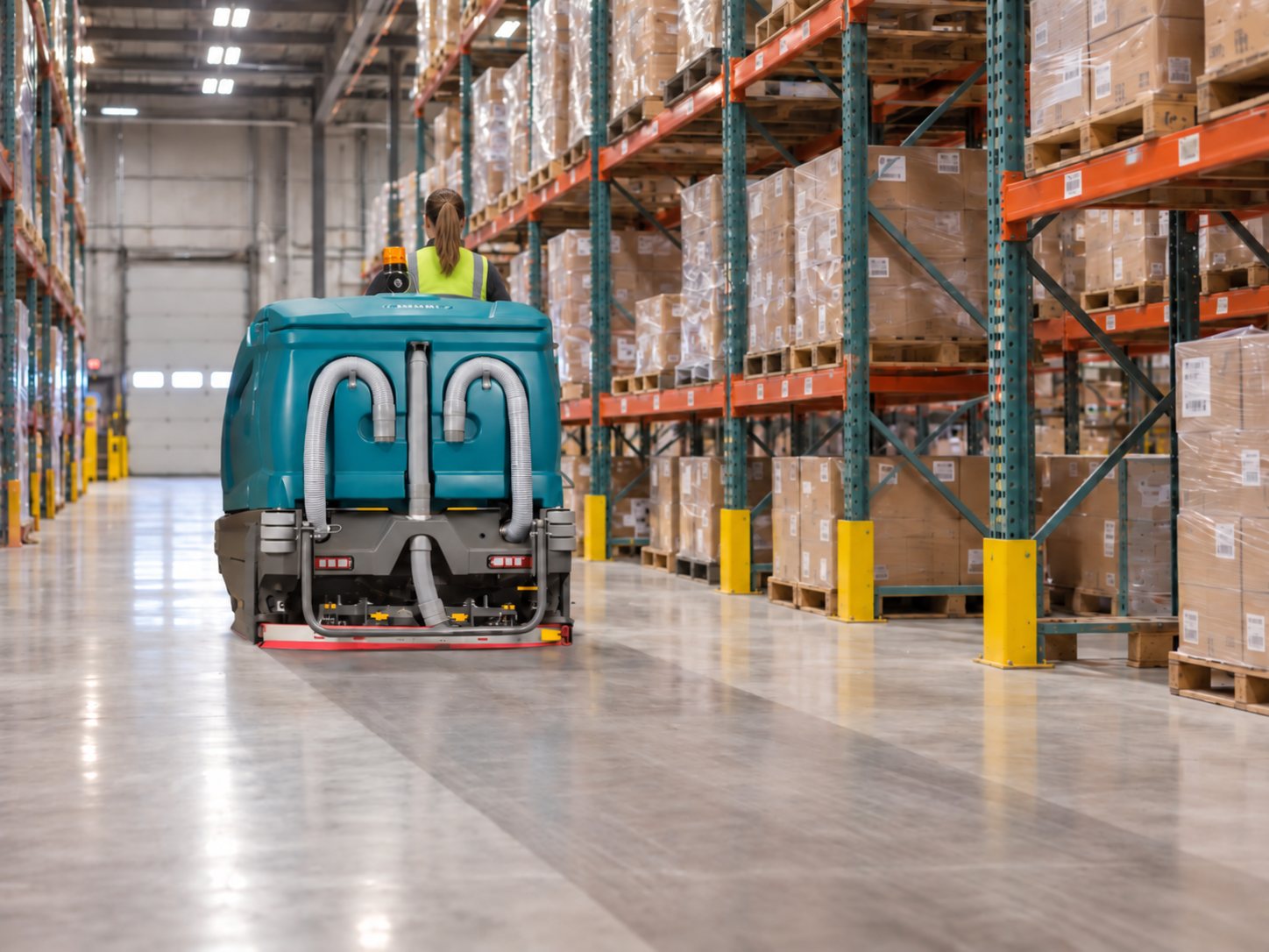 Tennant ride-on floor scrubber cleaning a warehouse aisle