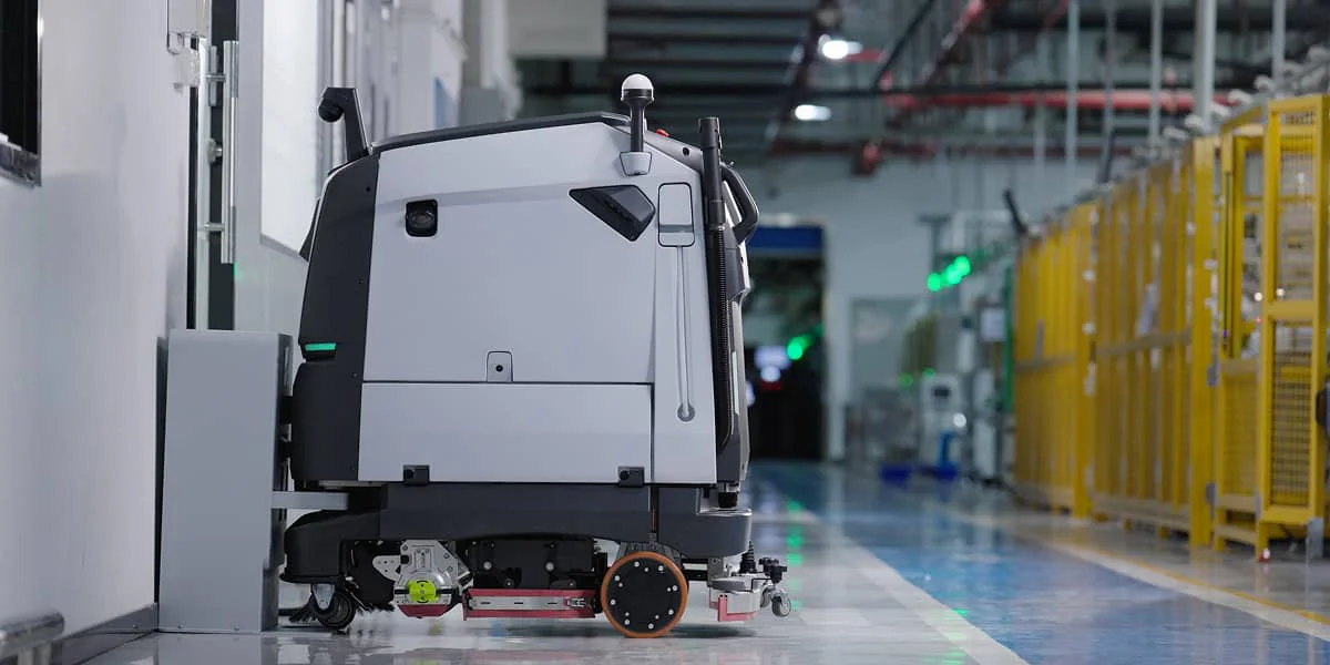 BG1 Pro autonomous floor scrubber cleaning a warehouse aisle